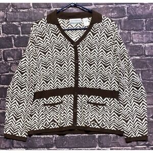 Alfred Dunner Cardigan Sweater Womens Petite Large Brown White Geometric Pockets